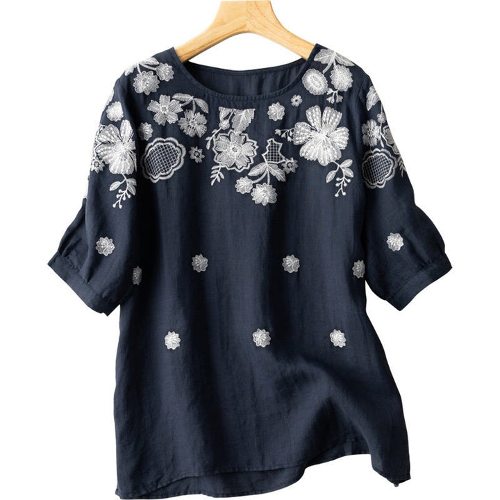 Buddha Stones Casual Embroidered Petals Women's Crew Neck Design Half Sleeve Cotton T-Shirt - image 2