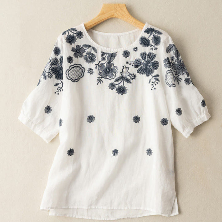 Buddha Stones Casual Embroidered Petals Women's Crew Neck Design Half Sleeve Cotton T-Shirt - White - US14，UK/AU18，EU46 (4XL) - image 10