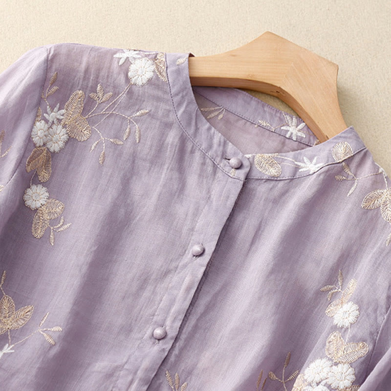 Buddha Stones Casual Embroidered Petals Spliced Organza Women's Crew Neck Design Half Sleeve Cotton Cardigan Shirt - image 1