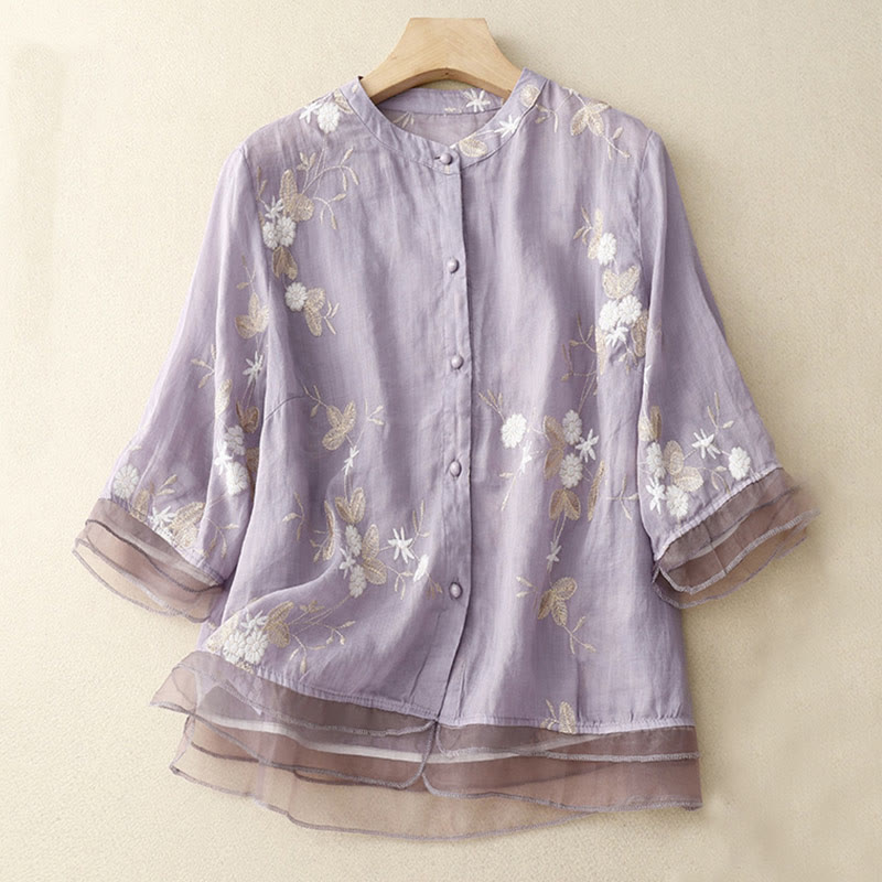 Buddha Stones Casual Embroidered Petals Spliced Organza Women's Crew Neck Design Half Sleeve Cotton Cardigan Shirt - Plum - US8-10，UK/AU12-14，EU40-42 (2XL) - image 0