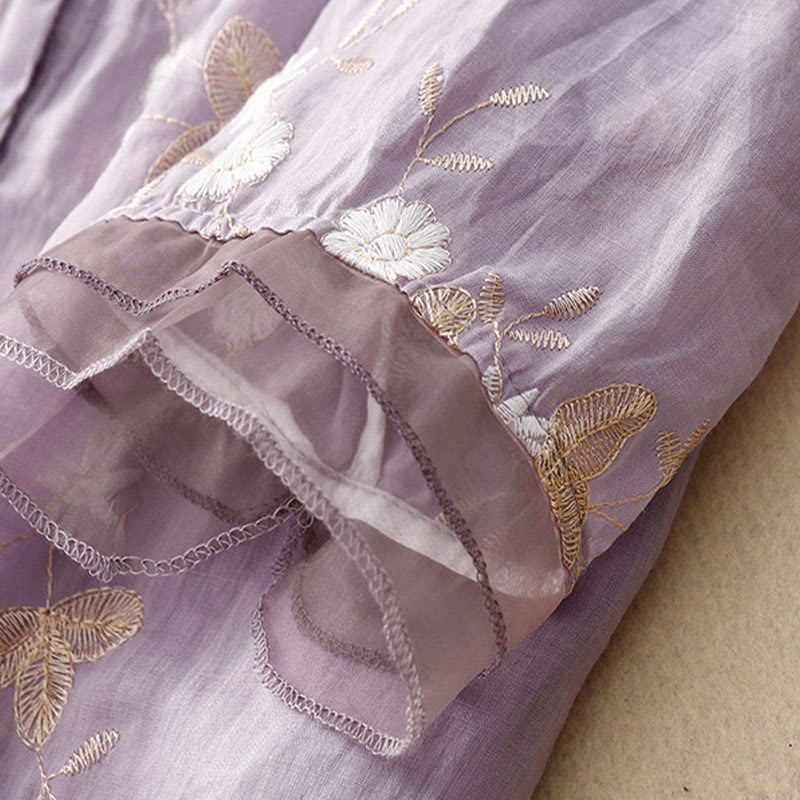 Buddha Stones Casual Embroidered Petals Spliced Organza Women's Crew Neck Design Half Sleeve Cotton Cardigan Shirt - image 3