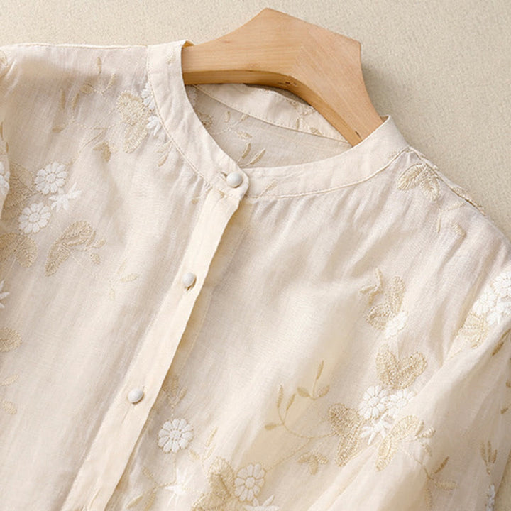 Buddha Stones Casual Embroidered Petals Spliced Organza Women's Crew Neck Design Half Sleeve Cotton Cardigan Shirt - image 5
