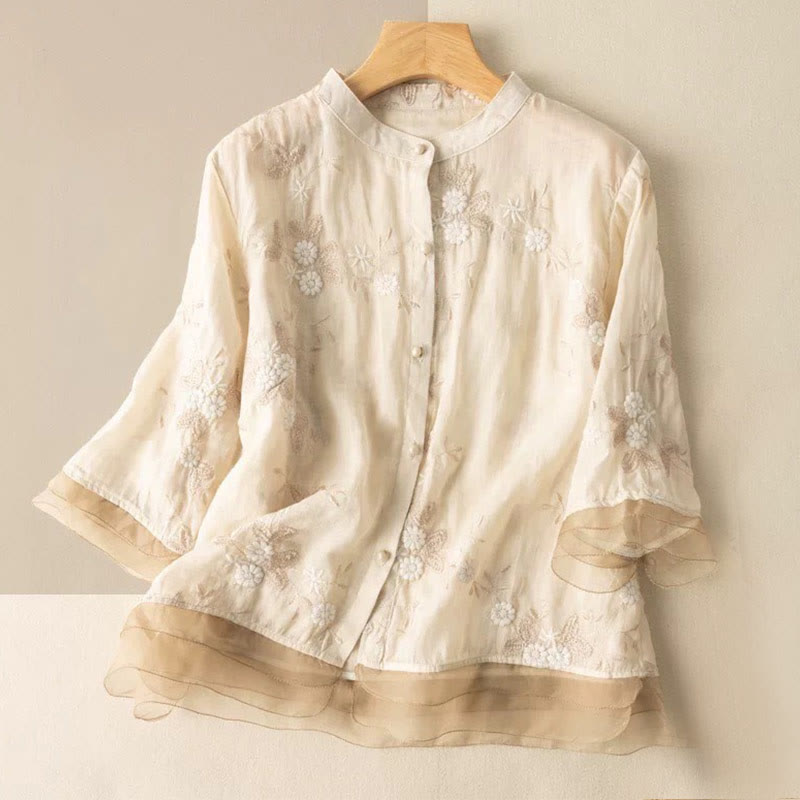Buddha Stones Casual Embroidered Petals Spliced Organza Women's Crew Neck Design Half Sleeve Cotton Cardigan Shirt - LightYellow - US8-10，UK/AU12-14，EU40-42 (2XL) - image 4