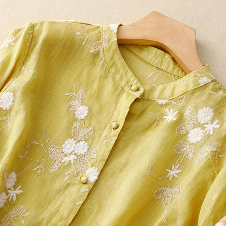 Buddha Stones Casual Embroidered Petals Spliced Organza Women's Crew Neck Design Half Sleeve Cotton Cardigan Shirt - image 9