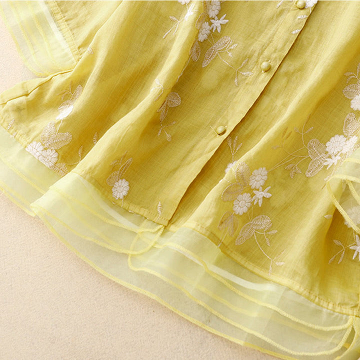 Buddha Stones Casual Embroidered Petals Spliced Organza Women's Crew Neck Design Half Sleeve Cotton Cardigan Shirt - image 12