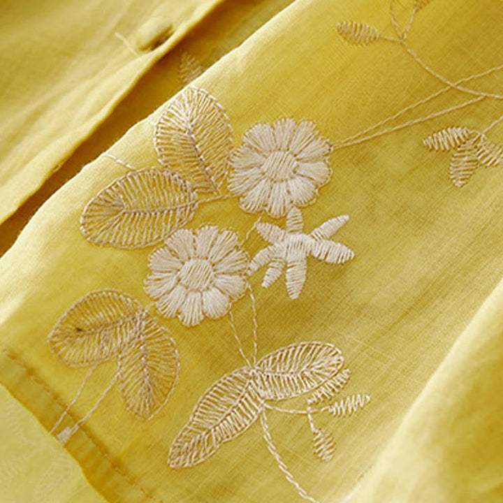 Buddha Stones Casual Embroidered Petals Spliced Organza Women's Crew Neck Design Half Sleeve Cotton Cardigan Shirt - image 13