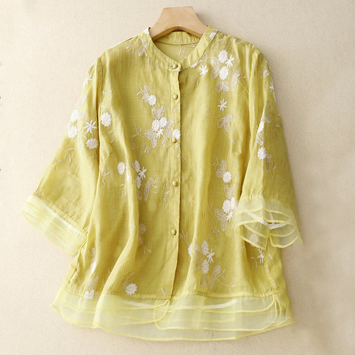 Buddha Stones Casual Embroidered Petals Spliced Organza Women's Crew Neck Design Half Sleeve Cotton Cardigan Shirt - Khaki - US8-10，UK/AU12-14，EU40-42 (2XL) - image 8