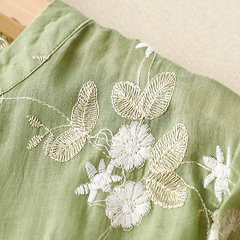 Buddha Stones Casual Embroidered Petals Spliced Organza Women's Crew Neck Design Half Sleeve Cotton Cardigan Shirt - image 17