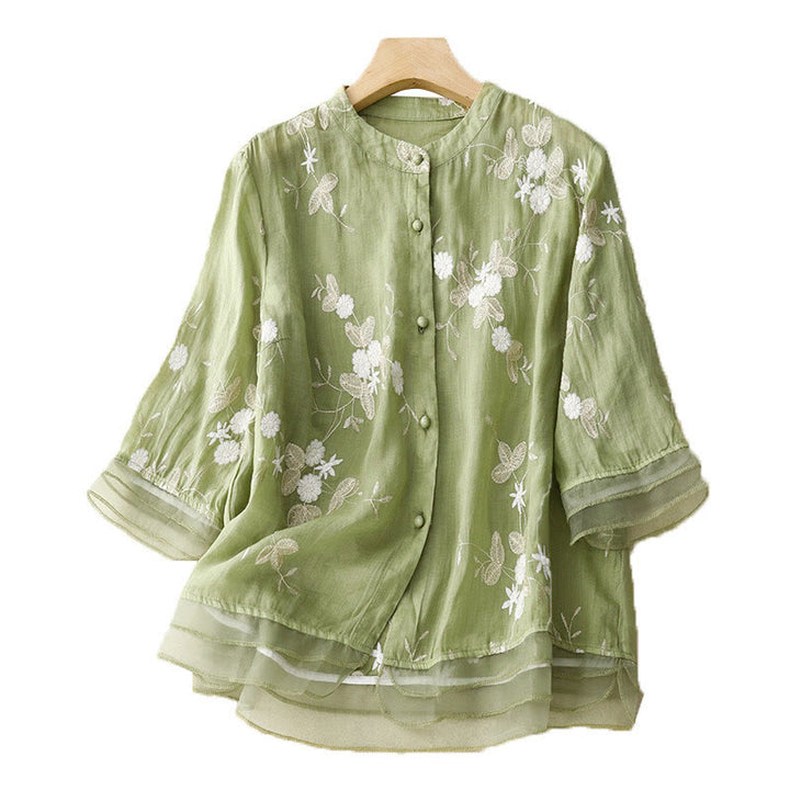 Buddha Stones Casual Embroidered Petals Spliced Organza Women's Crew Neck Design Half Sleeve Cotton Cardigan Shirt - image 15