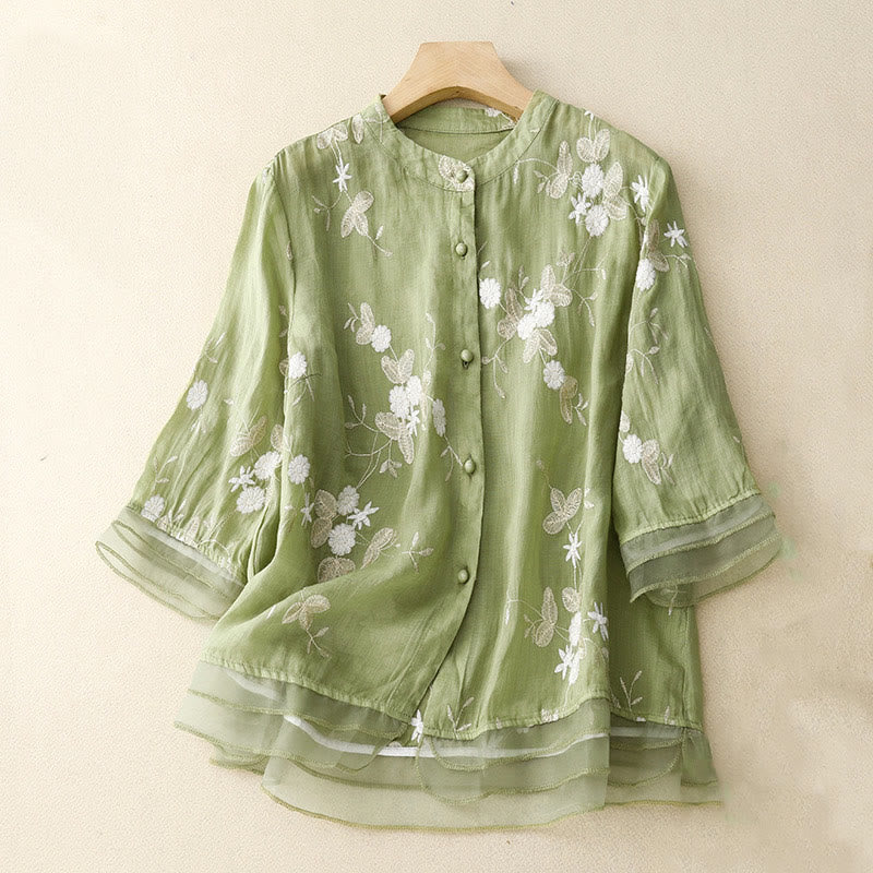 Buddha Stones Casual Embroidered Petals Spliced Organza Women's Crew Neck Design Half Sleeve Cotton Cardigan Shirt - LightGreen - US8-10，UK/AU12-14，EU40-42 (2XL) - image 14