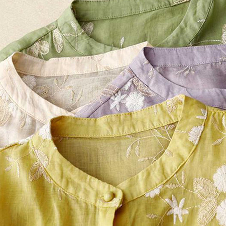 Buddha Stones Casual Embroidered Petals Spliced Organza Women's Crew Neck Design Half Sleeve Cotton Cardigan Shirt - image 21