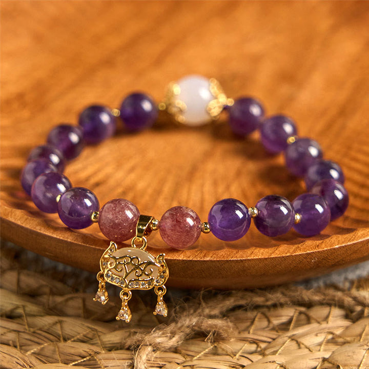 Buddha Stones Natural Amethyst Strawberry Quartz Peace Lock Charm Positive Bracelet - image 4