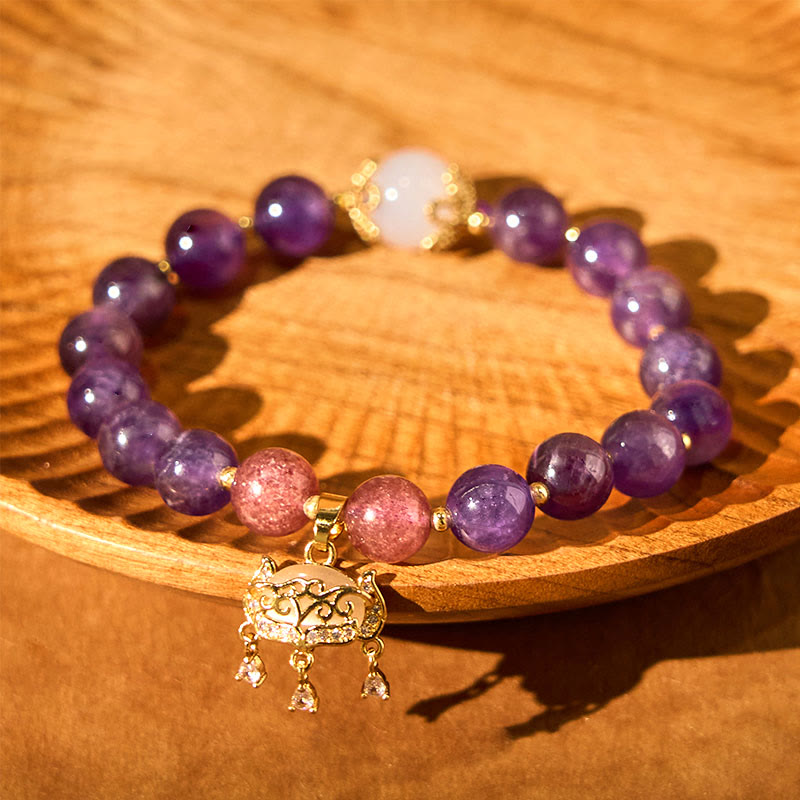Buddha Stones Natural Amethyst Strawberry Quartz Peace Lock Charm Positive Bracelet - image 5