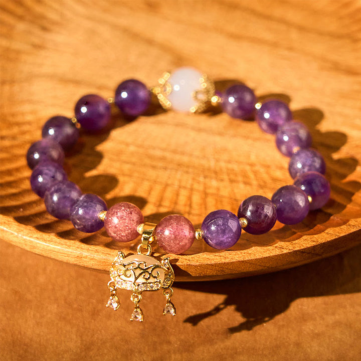 Buddha Stones Natural Amethyst Strawberry Quartz Peace Lock Charm Positive Bracelet - image 5