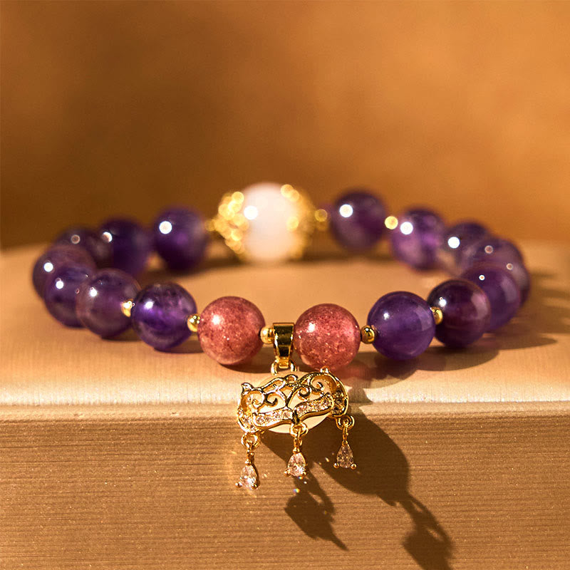 Buddha Stones Natural Amethyst Strawberry Quartz Peace Lock Charm Positive Bracelet - image 3