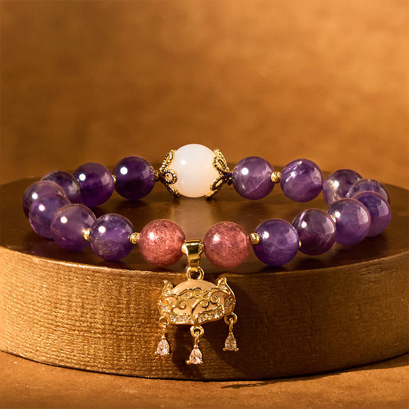 Buddha Stones Natural Amethyst Strawberry Quartz Peace Lock Charm Positive Bracelet - image 6