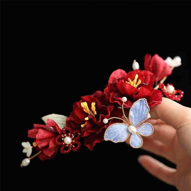 Buddha Stones Chinese Wedding Red Flower Butterfly Hair Clip - image 1