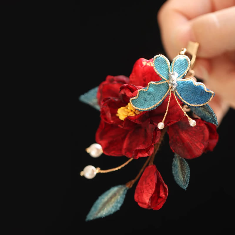 Buddha Stones Chinese Style Red Camellia Butterfly Hair Clip Hair Comb Hairpin Barrette Accessory - image 16