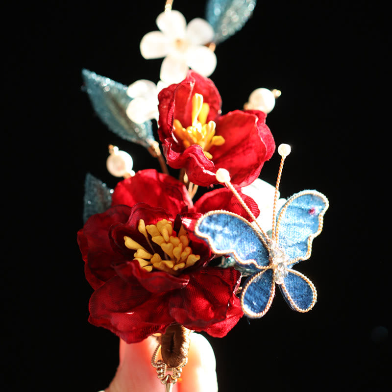 Buddha Stones Chinese Style Red Camellia Butterfly Hair Clip Hair Comb Hairpin Barrette Accessory - image 12