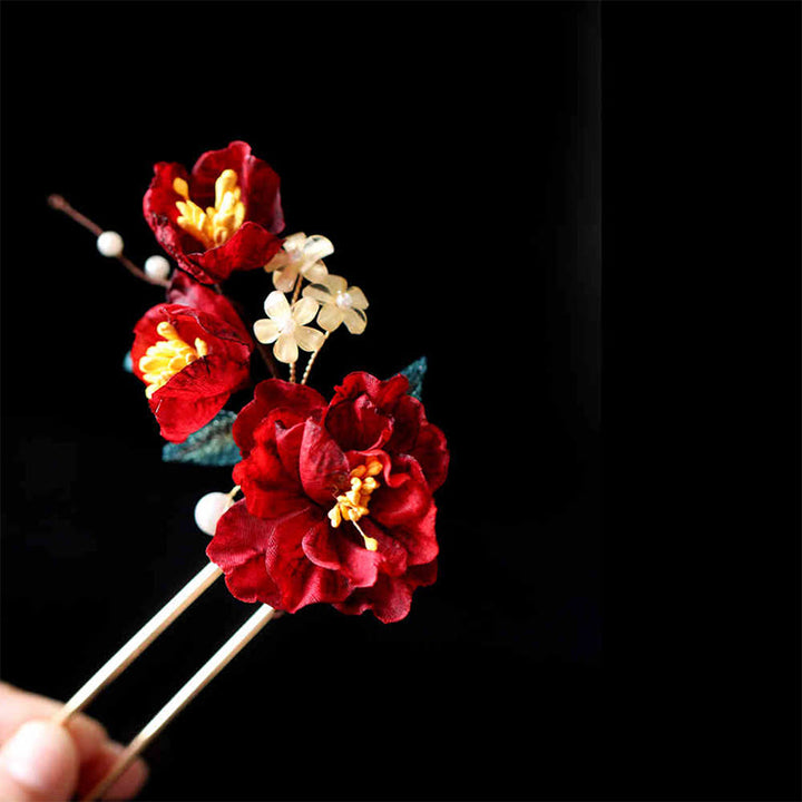 Buddha Stones Chinese Style Red Camellia Butterfly Hair Clip Hair Comb Hairpin Barrette Accessory - Red Camellia Hairpin - image 7
