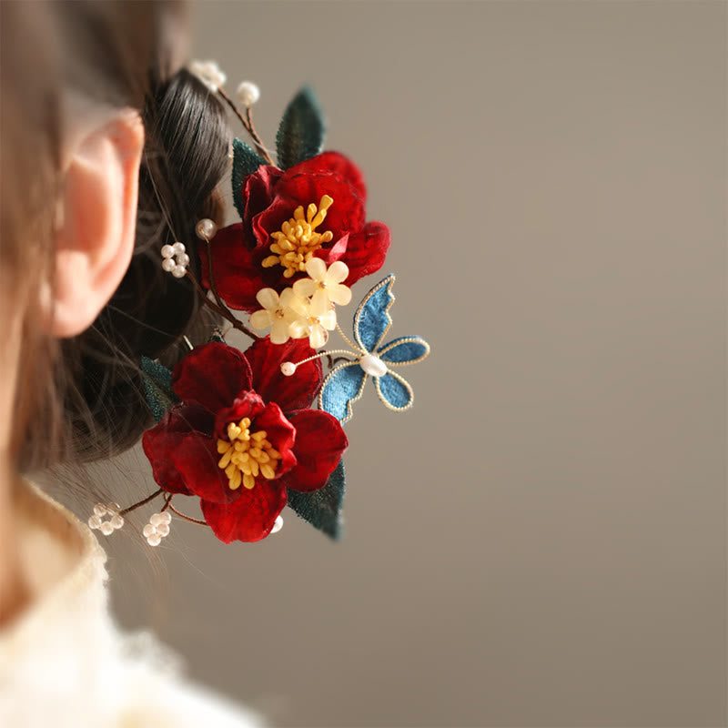 Buddha Stones Chinese Style Red Camellia Butterfly Hair Clip Hair Comb Hairpin Barrette Accessory - Red Camellia Butterfly Hair Comb - image 0