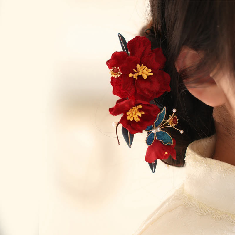 Buddha Stones Chinese Wedding Red Flower Butterfly Hair Comb Hairpin Barrette - image 5