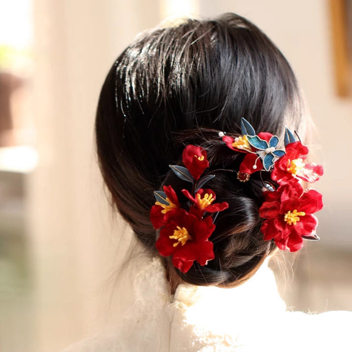 Buddha Stones Chinese Wedding Red Flower Butterfly Hair Comb Hairpin Barrette - image 4