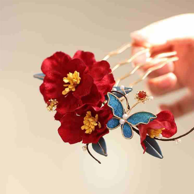 Buddha Stones Chinese Wedding Red Flower Butterfly Hair Comb Hairpin Barrette - image 1