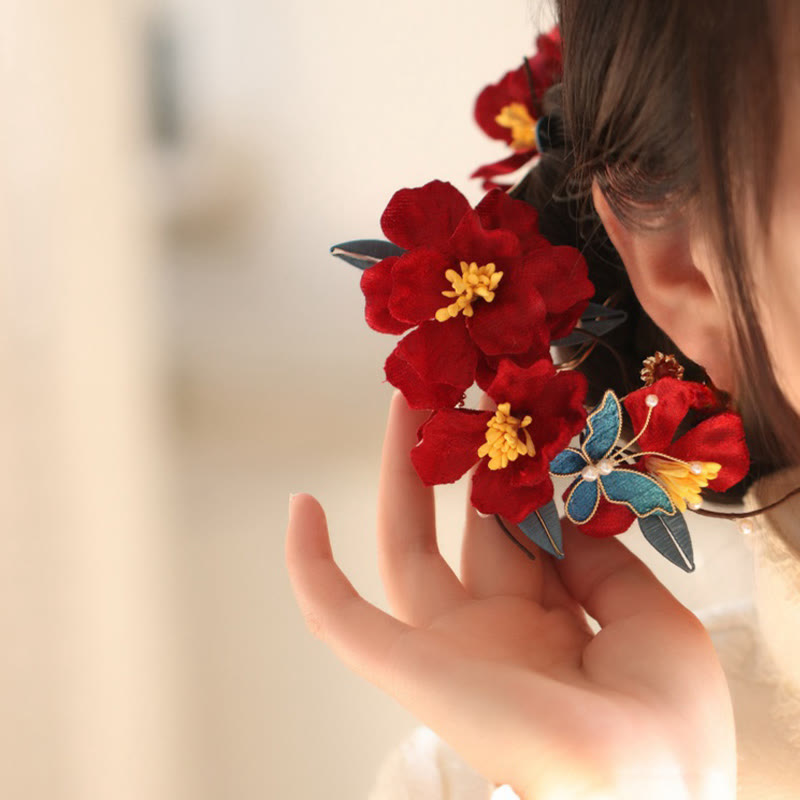 Buddha Stones Chinese Wedding Red Flower Butterfly Hair Comb Hairpin Barrette - image 3