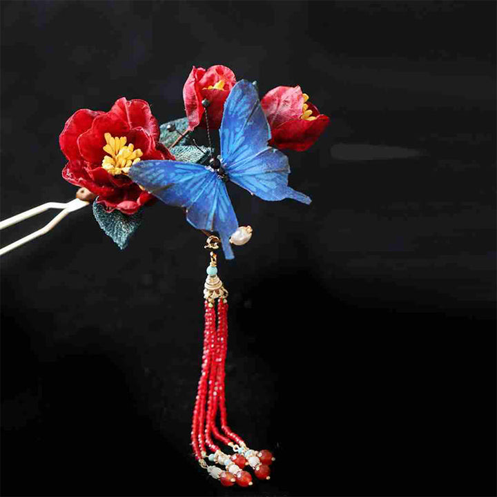 Buddha Stones Classical Chinese Style Red Flower Blue Butterfly Hairpin - image 9