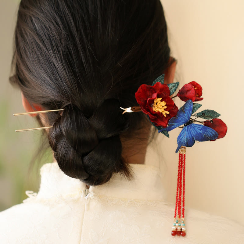 Buddha Stones Classical Chinese Style Red Flower Blue Butterfly Hairpin - image 3