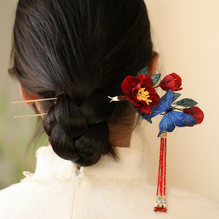 Buddha Stones Classical Chinese Style Red Flower Blue Butterfly Hairpin - image 3