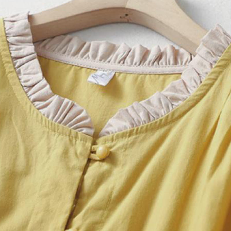 Buddha Stones Casual Plain Frog-Button Women's Ruffle Collar Design Half Sleeve Cotton Linen Shirt - image 2
