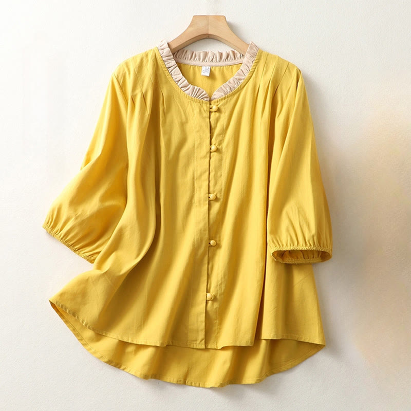 Buddha Stones Casual Plain Frog-Button Women's Ruffle Collar Design Half Sleeve Cotton Linen Shirt - Gold - US8-10，UK/AU12-14，EU40-42 (2XL) - image 0
