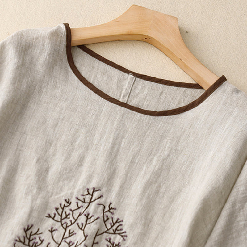 Buddha Stones Casual Embroidery Tree Drawstring Women's Crew Neck Design Half Sleeve Cotton LinenT-Shirt - image 1