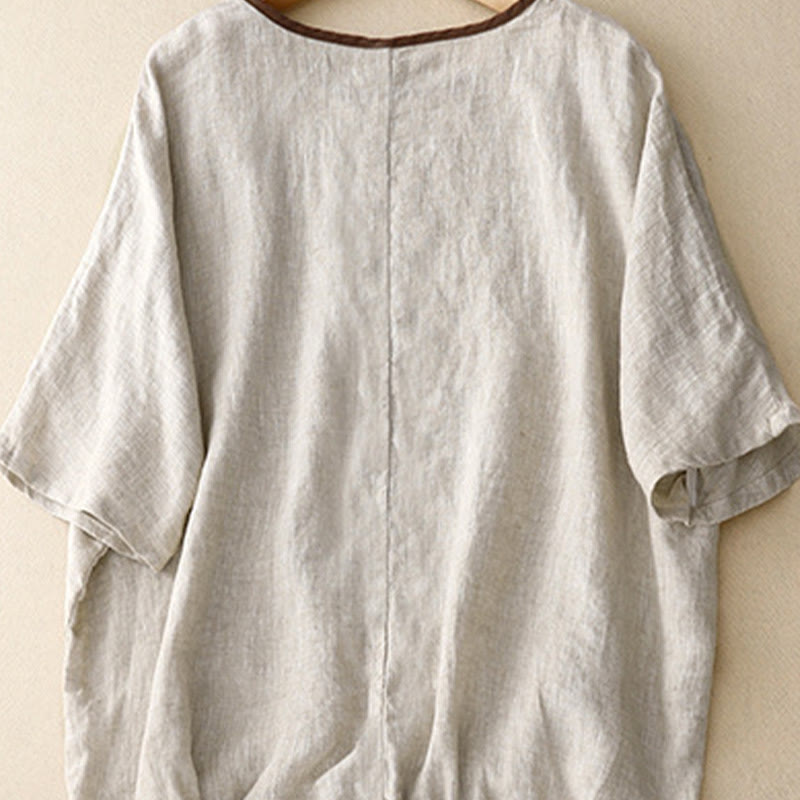 Buddha Stones Casual Embroidery Tree Drawstring Women's Crew Neck Design Half Sleeve Cotton LinenT-Shirt - image 2