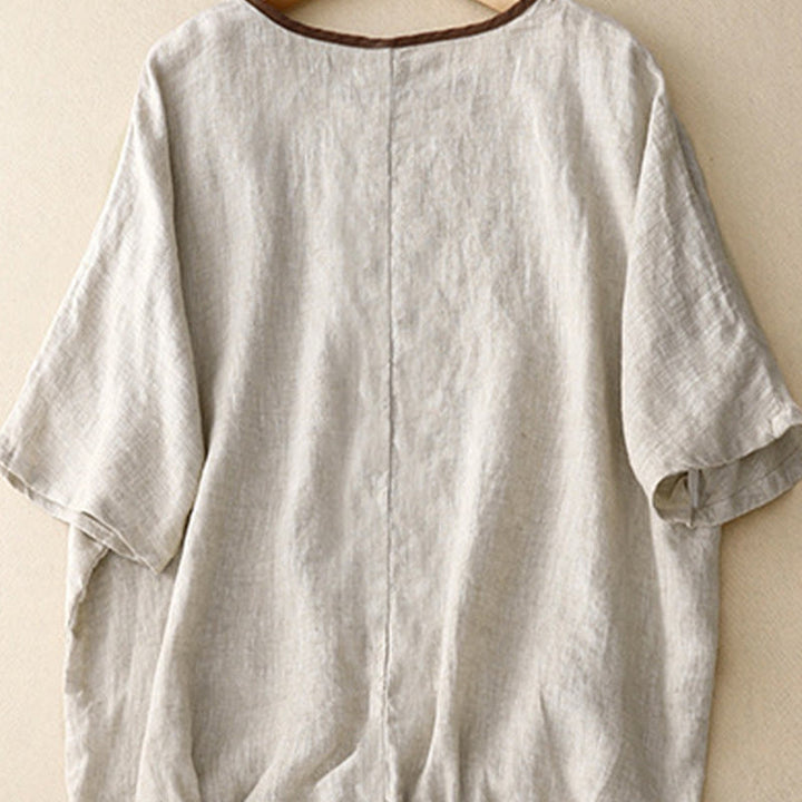 Buddha Stones Casual Embroidery Tree Drawstring Women's Crew Neck Design Half Sleeve Cotton LinenT-Shirt - image 2
