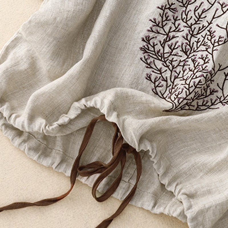 Buddha Stones Casual Embroidery Tree Drawstring Women's Crew Neck Design Half Sleeve Cotton LinenT-Shirt - image 4