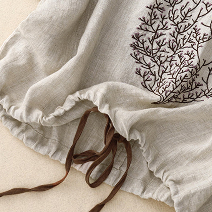 Buddha Stones Casual Embroidery Tree Drawstring Women's Crew Neck Design Half Sleeve Cotton LinenT-Shirt - image 4