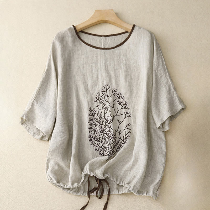 Buddha Stones Casual Embroidery Tree Drawstring Women's Crew Neck Design Half Sleeve Cotton LinenT-Shirt - LightGrey - US14，UK/AU18，EU46 (2XL) - image 0