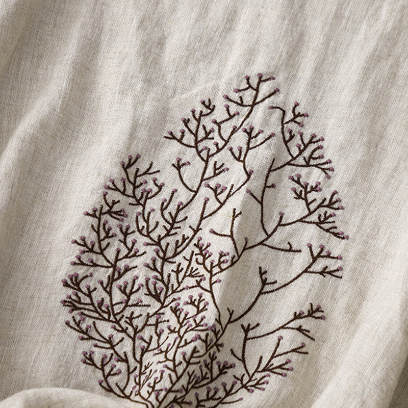 Buddha Stones Casual Embroidery Tree Drawstring Women's Crew Neck Design Half Sleeve Cotton LinenT-Shirt - image 3