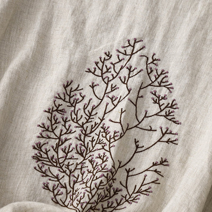 Buddha Stones Casual Embroidery Tree Drawstring Women's Crew Neck Design Half Sleeve Cotton LinenT-Shirt - image 3