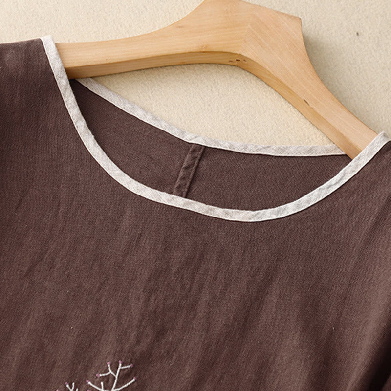 Buddha Stones Casual Embroidery Tree Drawstring Women's Crew Neck Design Half Sleeve Cotton LinenT-Shirt - image 11