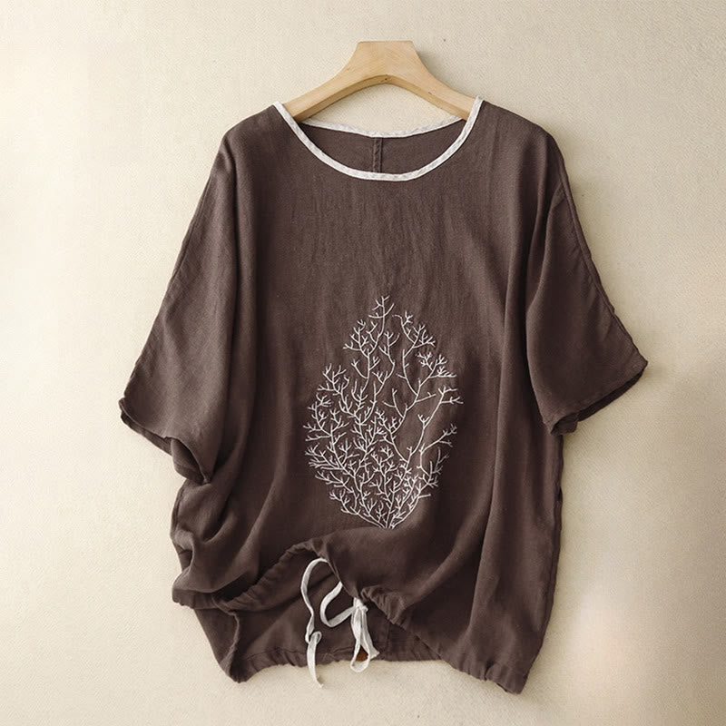 Buddha Stones Casual Embroidery Tree Drawstring Women's Crew Neck Design Half Sleeve Cotton Linen T-Shirt - SaddleBrown - US14，UK/AU18，EU46 (2XL) - image 10