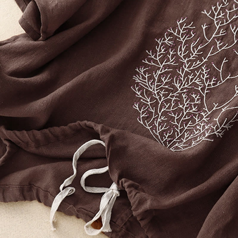Buddha Stones Casual Embroidery Tree Drawstring Women's Crew Neck Design Half Sleeve Cotton LinenT-Shirt - image 15