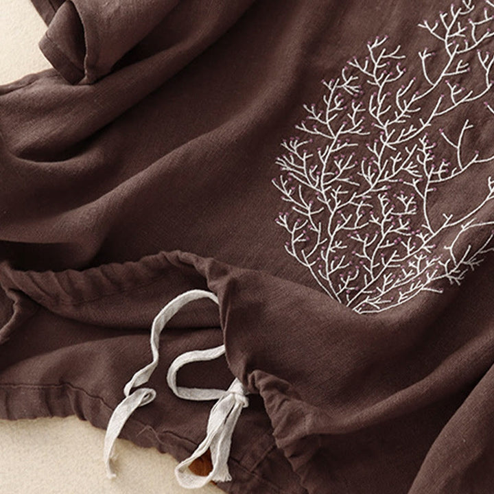Buddha Stones Casual Embroidery Tree Drawstring Women's Crew Neck Design Half Sleeve Cotton LinenT-Shirt - image 15