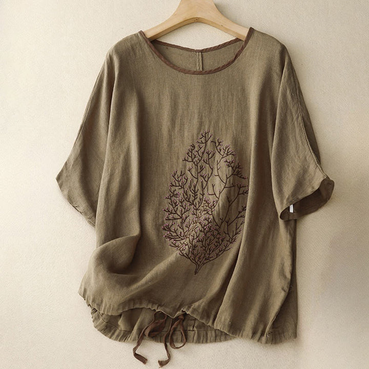 Buddha Stones Casual Embroidery Tree Drawstring Women's Crew Neck Design Half Sleeve Cotton LinenT-Shirt - Olive - US14，UK/AU18，EU46 (2XL) - image 16