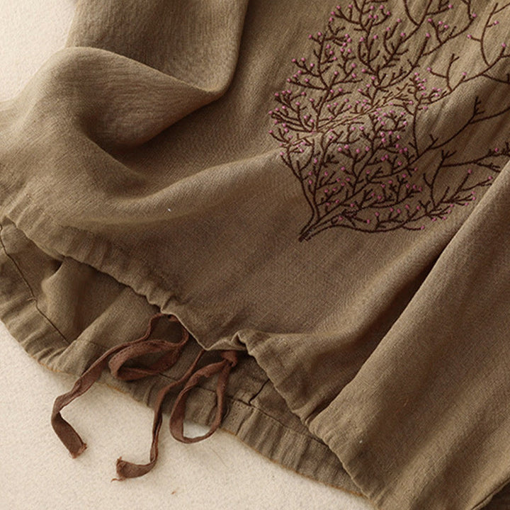 Buddha Stones Casual Embroidery Tree Drawstring Women's Crew Neck Design Half Sleeve Cotton LinenT-Shirt - image 20