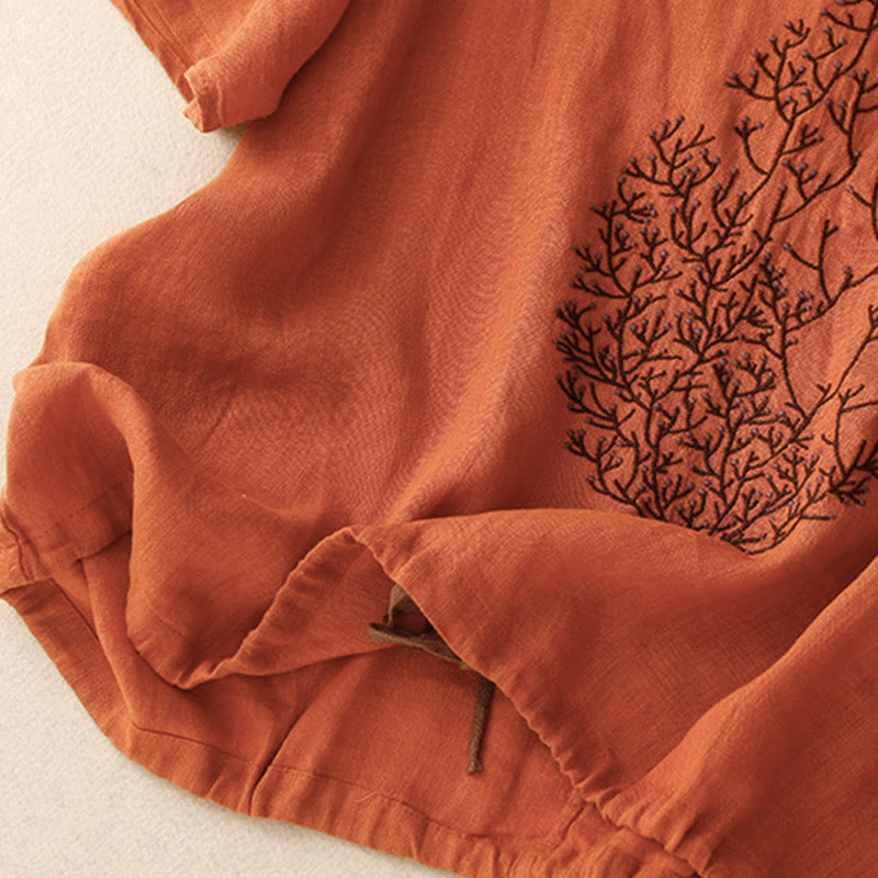 Buddha Stones Casual Embroidery Tree Drawstring Women's Crew Neck Design Half Sleeve Cotton LinenT-Shirt - image 23