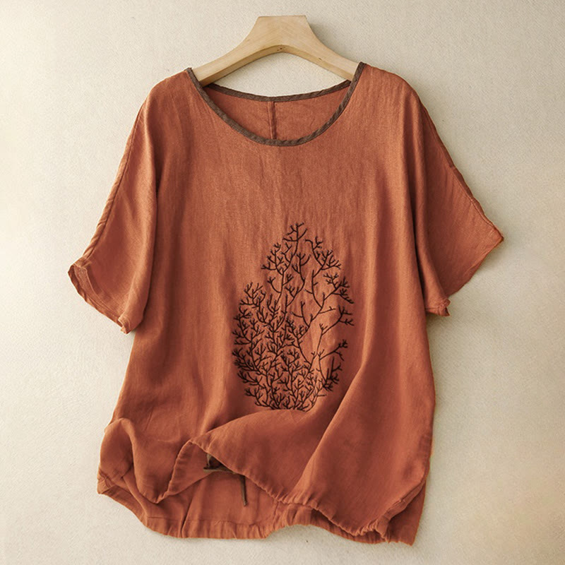 Buddha Stones Casual Embroidery Tree Drawstring Women's Crew Neck Design Half Sleeve Cotton LinenT-Shirt - Chocolate - US14，UK/AU18，EU46 (2XL) - image 21